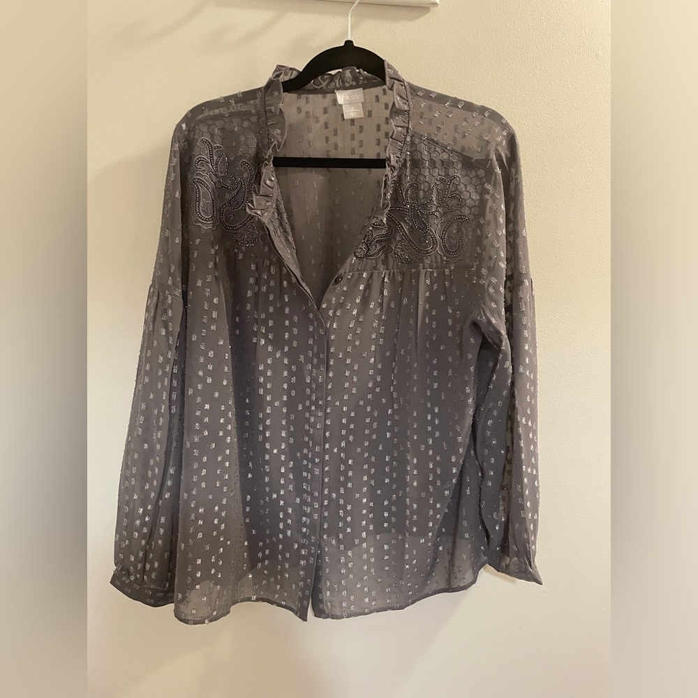Chico's Gray Relaxed Blouse with Embellishment Details  and Ruffled Collar